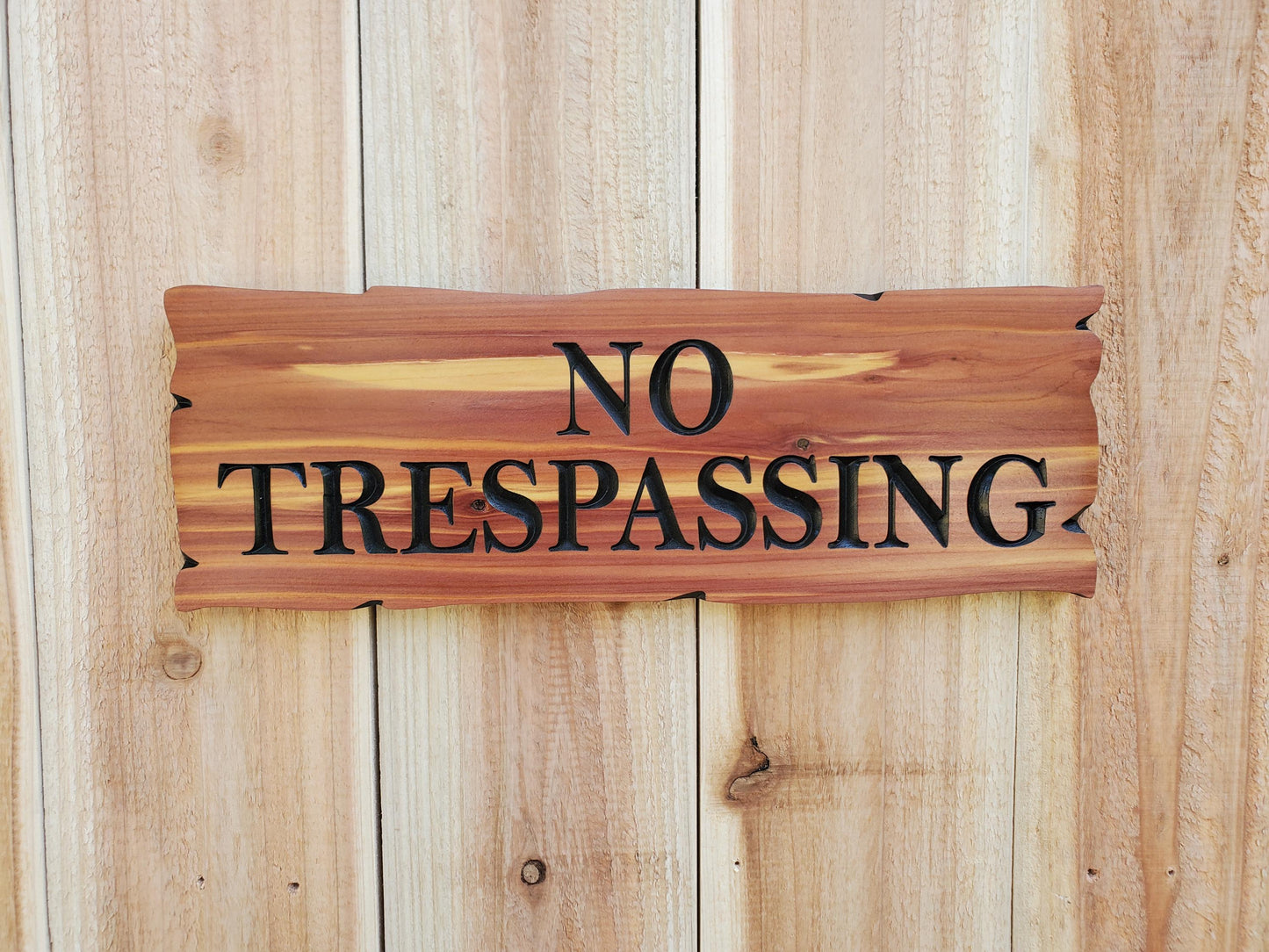 No Trespassing Wooden Sign, Rustic Cedar or Cypress Outdoor Wood Carved Plaque, CNC Carved Land Sign, Exterior Private Property Sign Carving