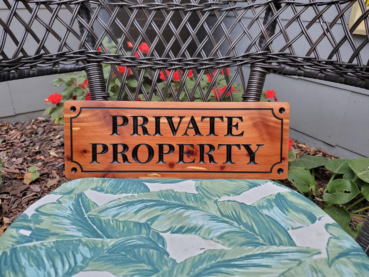 Private Property Carved Sign, CNC Land Sign Carving, Cedar or Cypress Outdoor Wood Plaque, Exterior Scalloped Easy Mount, Land Owner Sign