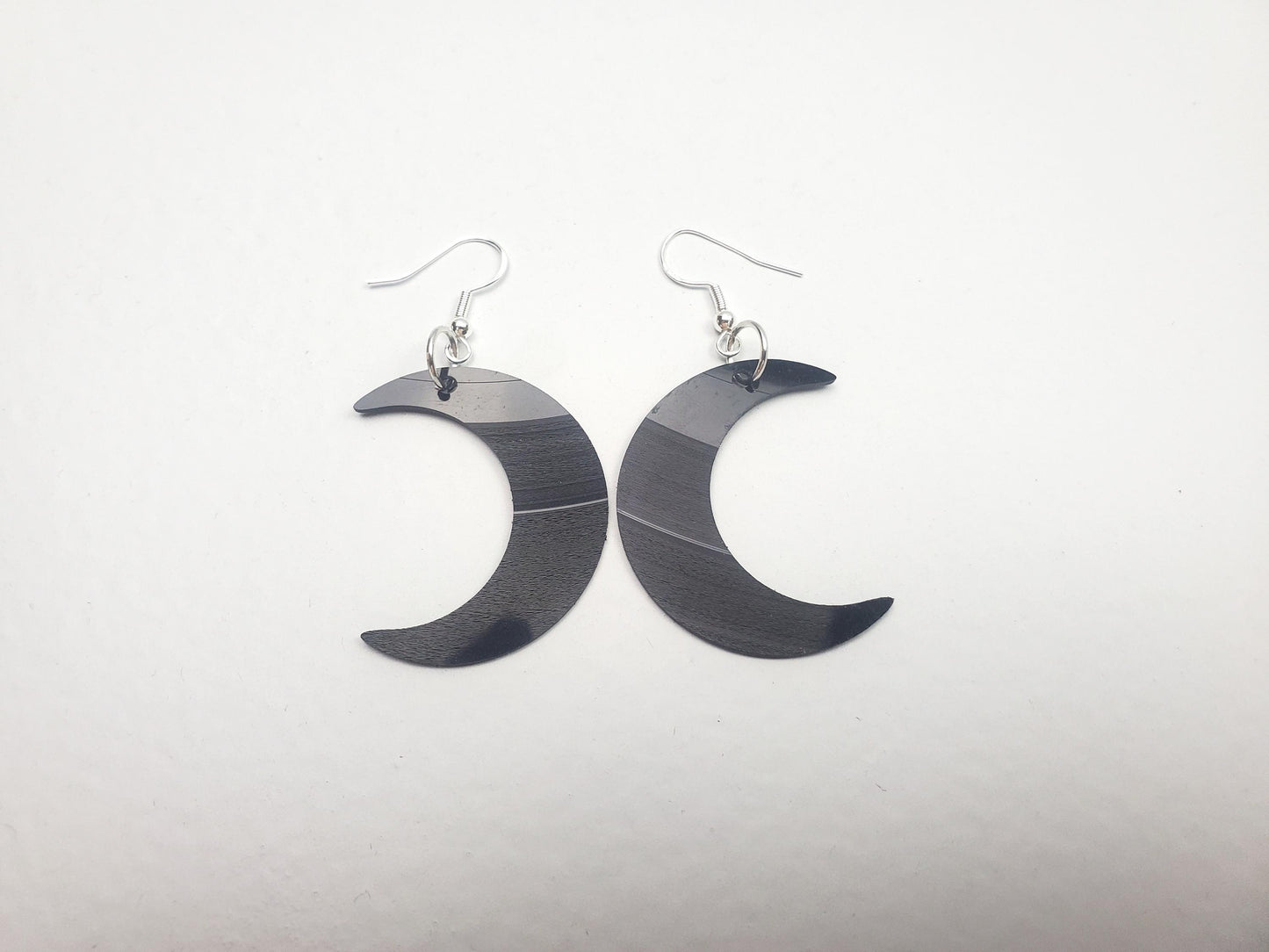 Repurposed Crescent Moon Earrings Made From Upcycled Vinyl Records, Lunar Celestial Fashion Jewelry Moon Sillouette, Moon Shape Dangle