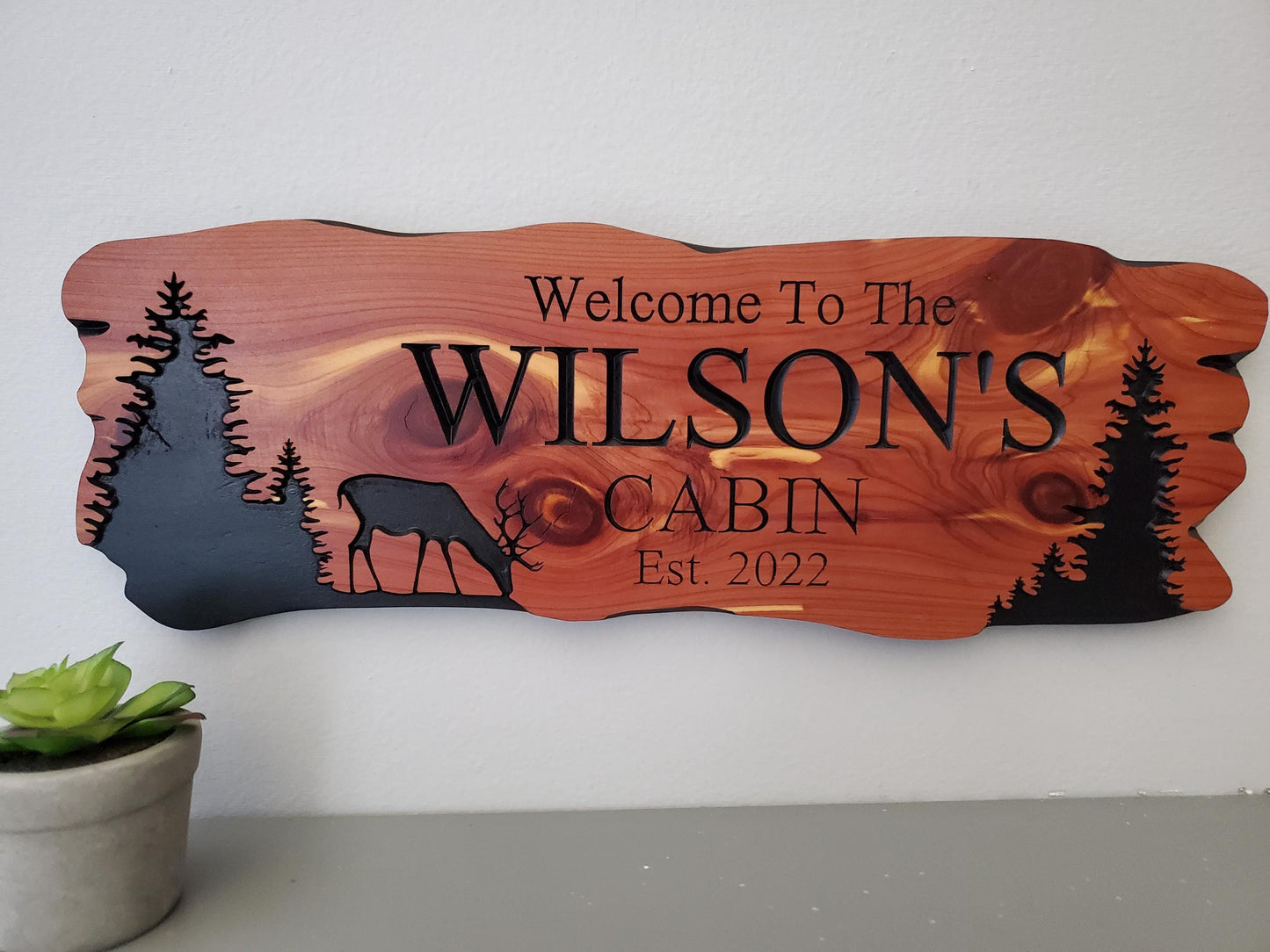 Custom Cabin Sign, Personalized Rustic Family Last Name Outdoor Wooden Plaque, Exterior Welcome With Established Date, Deer Camp Woods Scene