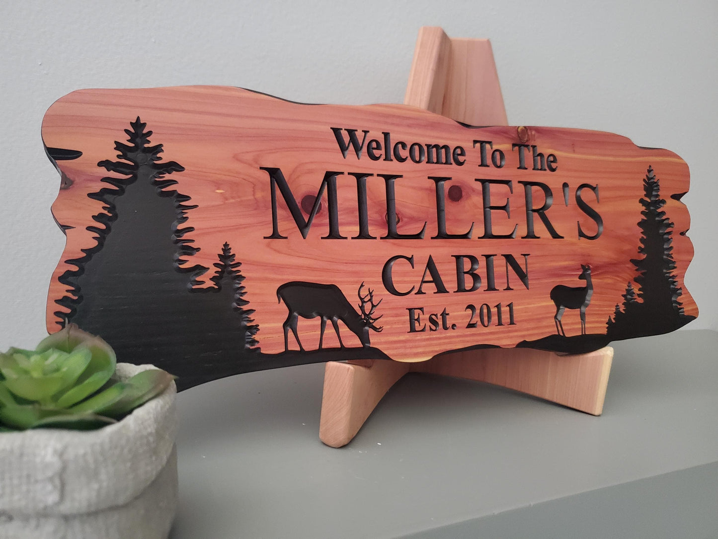 Custom Rustic Cabin Sign, Personalized Family Last Name Outdoor Wooden Plaque, Exterior Welcome With Established Date, Deer Camp Woods Scene