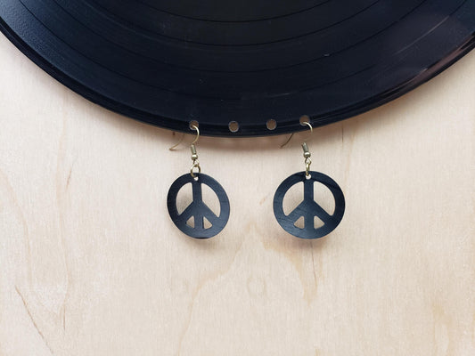 Peace Sign Earrings Made From Vinyl Records, Recycled Vintage Album Drop Earrings, Repurposed Fashion Jewelry, 70s 80s 45 LP, Peace Symbol