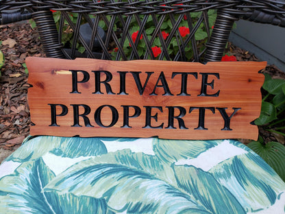 Private Property Carved Wooden Sign, Rustic Cedar or Cypress Outdoor Wood Plaque, CNC Carved Land Sign, Exterior Property Sign Carving