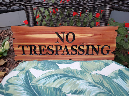No Trespassing Wooden Sign, Rustic Cedar or Cypress Outdoor Wood Carved Plaque, CNC Carved Land Sign, Exterior Private Property Sign Carving