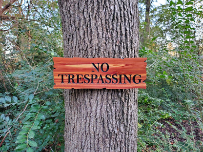 No Trespassing Wooden Sign, Rustic Cedar or Cypress Outdoor Wood Carved Plaque, CNC Carved Land Sign, Exterior Private Property Sign Carving
