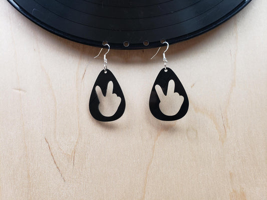 Peace Sign Earrings Made From Vintage Records, Vintage Recycled Hippie Jewelry, Reclaimed LP Music Album Guitar Pick Shape Drop Earrings