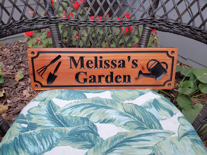 Custom Name Garden Sign, Personalized Outdoor Carved Wood Gardening Sign, Customized Outside Plaque, Gardener Gift, Cedar Or Cypress Wood