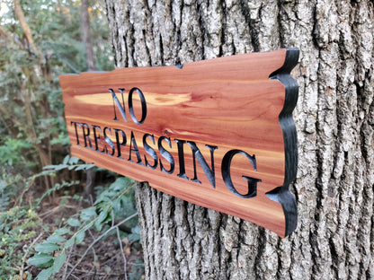 No Trespassing Wooden Sign, Rustic Cedar or Cypress Outdoor Wood Carved Plaque, CNC Carved Land Sign, Exterior Private Property Sign Carving