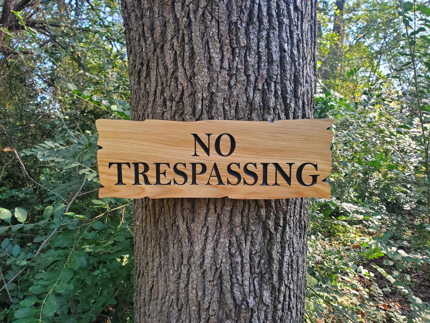 No Trespassing Wooden Sign, Rustic Cedar or Cypress Outdoor Wood Carved Plaque, CNC Carved Land Sign, Exterior Private Property Sign Carving