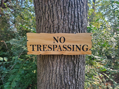 No Trespassing Wooden Sign, Rustic Cedar or Cypress Outdoor Wood Carved Plaque, CNC Carved Land Sign, Exterior Private Property Sign Carving