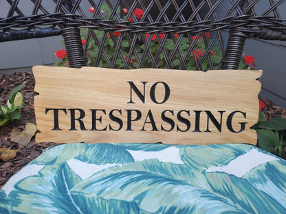 No Trespassing Wooden Sign, Rustic Cedar or Cypress Outdoor Wood Carved Plaque, CNC Carved Land Sign, Exterior Private Property Sign Carving