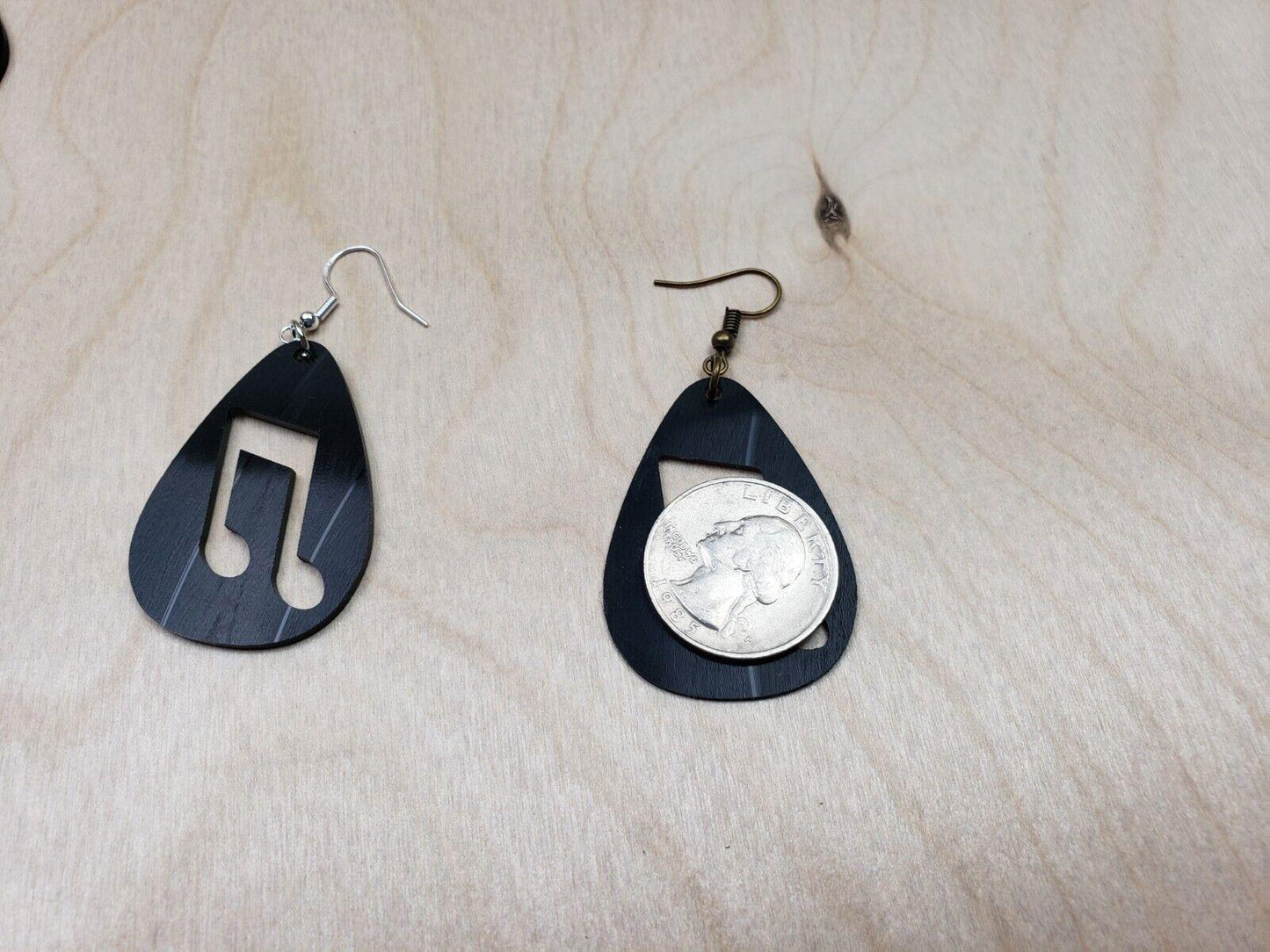Music Note Repurposed Record Earrings, Made From LP Album, Rock And Roll Fashion Jewelry, Teardrop Guitar Pick Shape, Slanted Beam Note