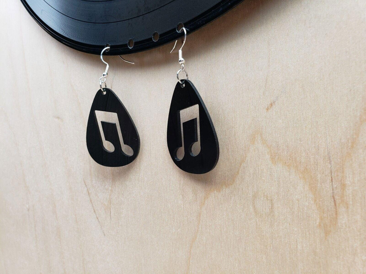 Music Note Repurposed Record Earrings, Made From LP Album, Rock And Roll Fashion Jewelry, Teardrop Guitar Pick Shape, Slanted Beam Note