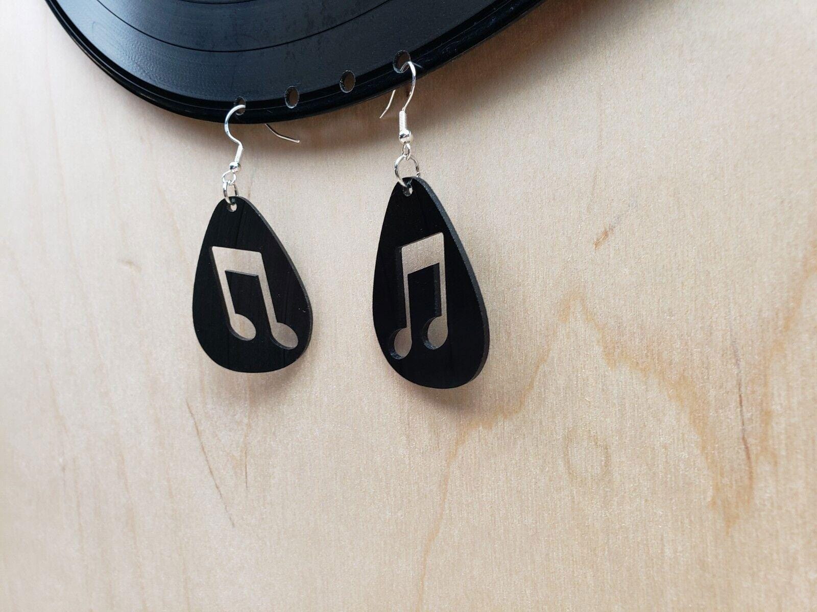 Music Note Repurposed Record Earrings, Made From LP Album, Rock And Roll Fashion Jewelry, Teardrop Guitar Pick Shape, Slanted Beam Note