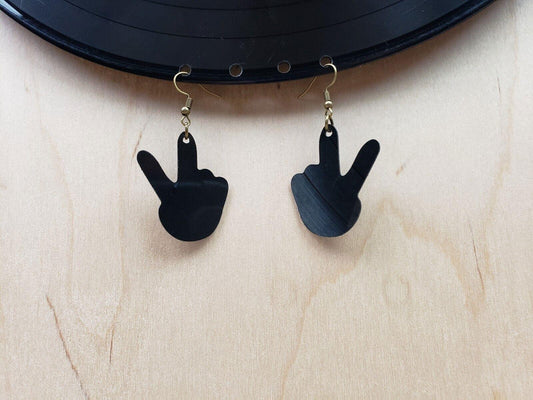 Peace And Love Sign Earrings Made From Music Records, Vintage Recycled Hippie Jewelry, Reclaimed LP Album Silhouette Hands Fingers 70s