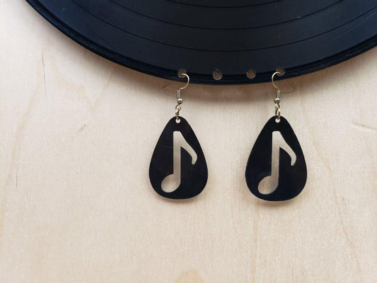 Music Note Recycled Vinyl Record Earrings, Made From Vintage Album, Rock N Roll Fashion Jewelry, Teardrop Guitar Pick Shape, Repurposed LP