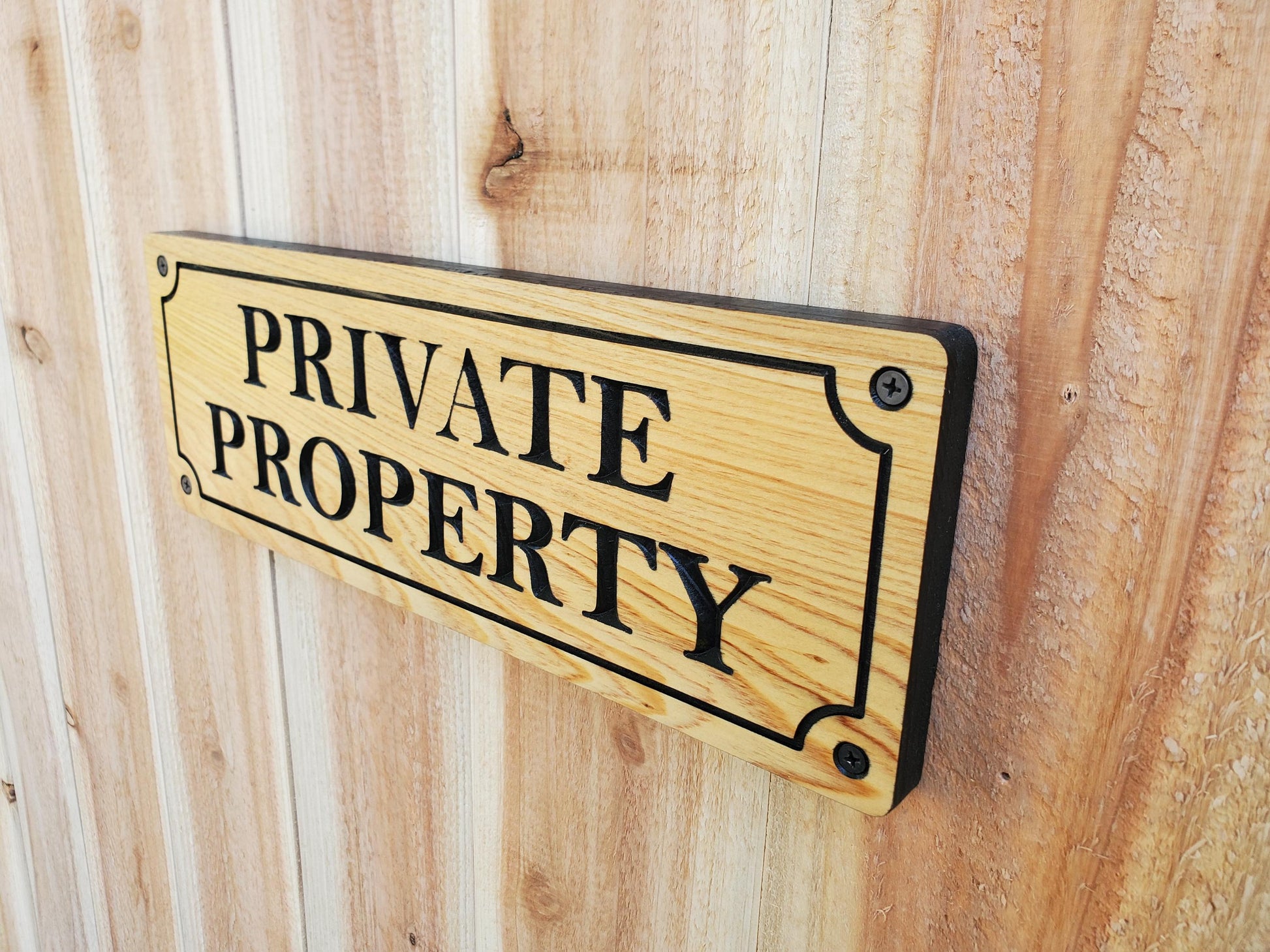 Private Property Carved Sign, CNC Land Sign Carving, Cedar or Cypress Outdoor Wood Plaque, Exterior Scalloped Easy Mount, Land Owner Sign