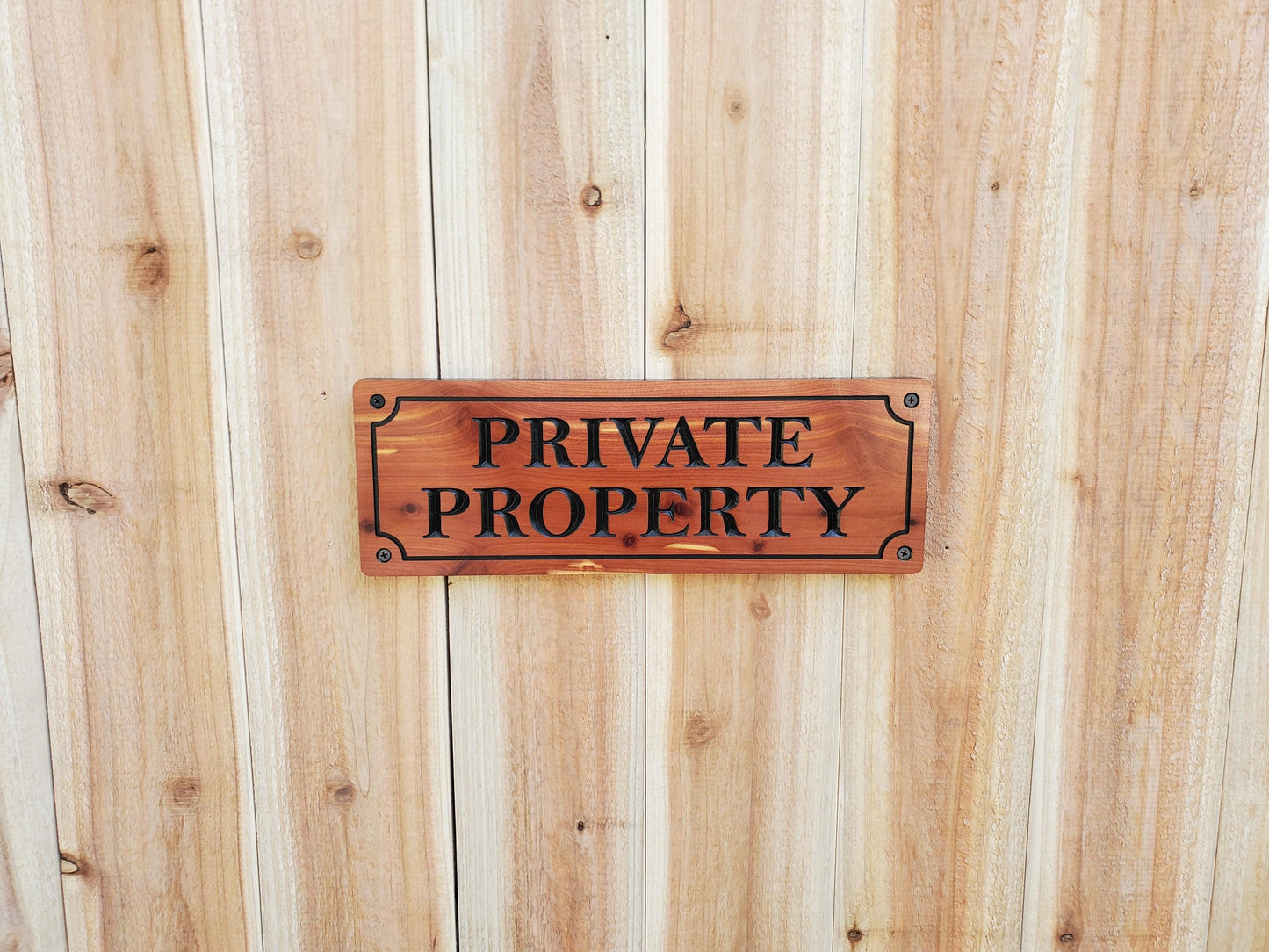 Private Property Carved Sign, CNC Land Sign Carving, Cedar or Cypress Outdoor Wood Plaque, Exterior Scalloped Easy Mount, Land Owner Sign
