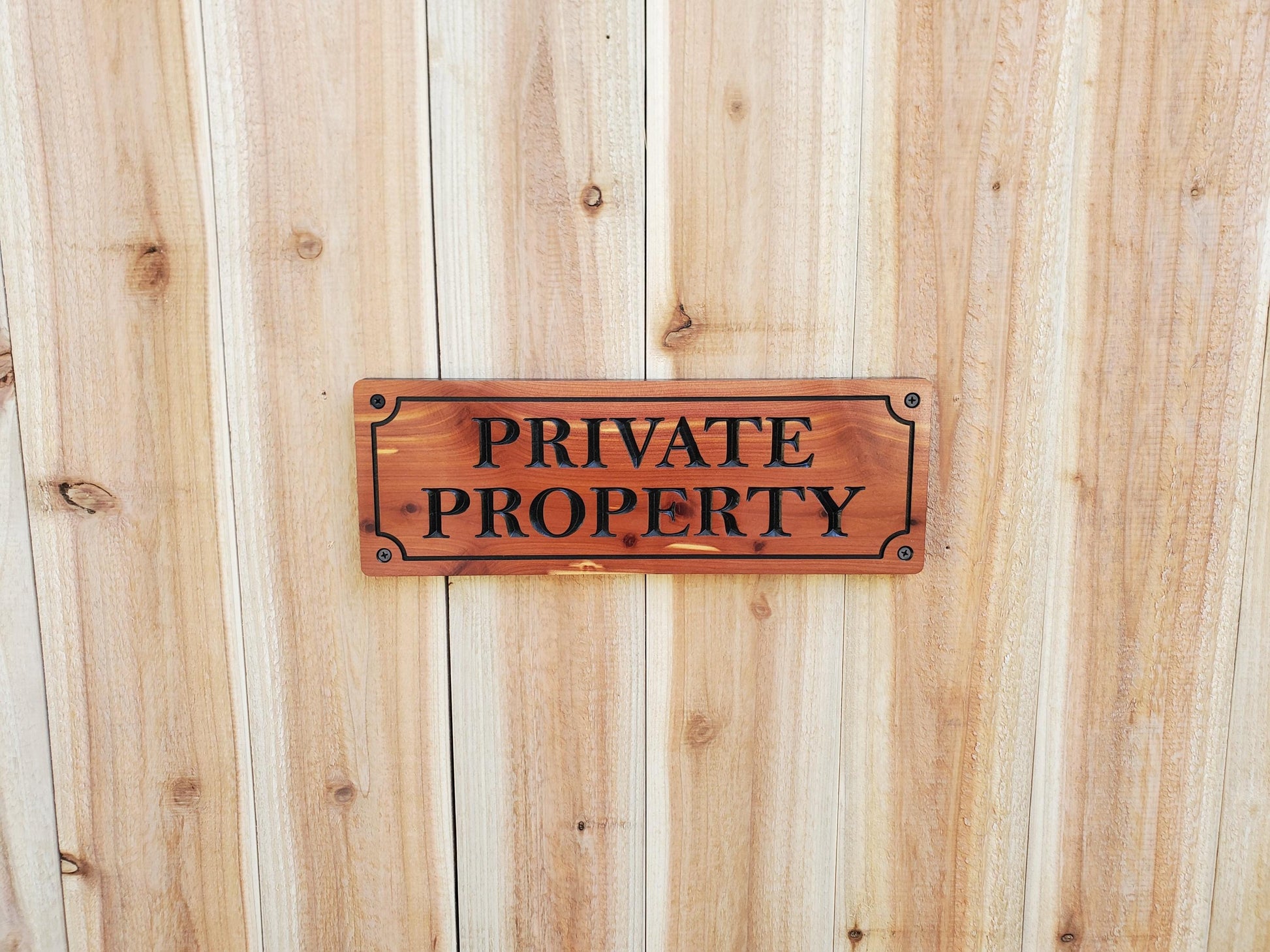 Private Property Carved Sign, CNC Land Sign Carving, Cedar or Cypress Outdoor Wood Plaque, Exterior Scalloped Easy Mount, Land Owner Sign