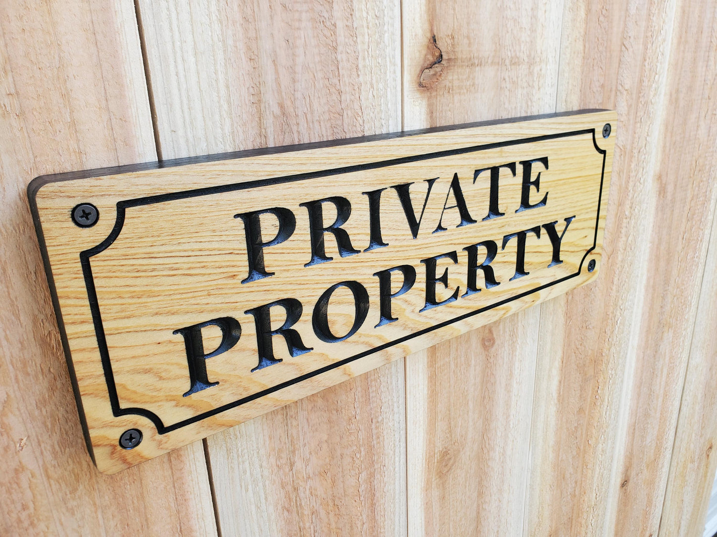 Private Property Carved Sign, CNC Land Sign Carving, Cedar or Cypress Outdoor Wood Plaque, Exterior Scalloped Easy Mount, Land Owner Sign