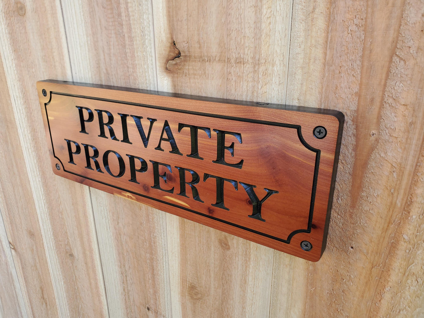 Private Property Carved Sign, CNC Land Sign Carving, Cedar or Cypress Outdoor Wood Plaque, Exterior Scalloped Easy Mount, Land Owner Sign