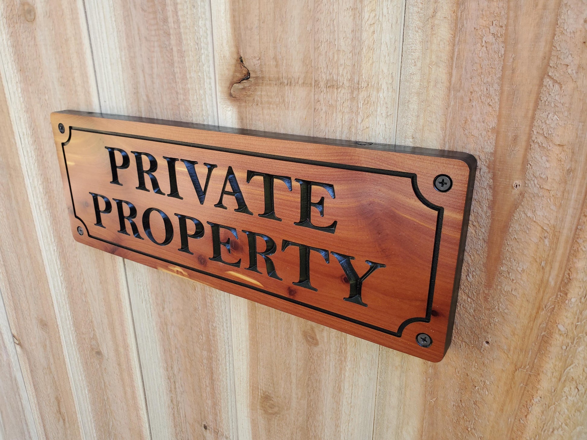 Private Property Carved Sign, CNC Land Sign Carving, Cedar or Cypress Outdoor Wood Plaque, Exterior Scalloped Easy Mount, Land Owner Sign