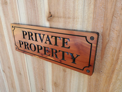 Private Property Carved Sign, CNC Land Sign Carving, Cedar or Cypress Outdoor Wood Plaque, Exterior Scalloped Easy Mount, Land Owner Sign