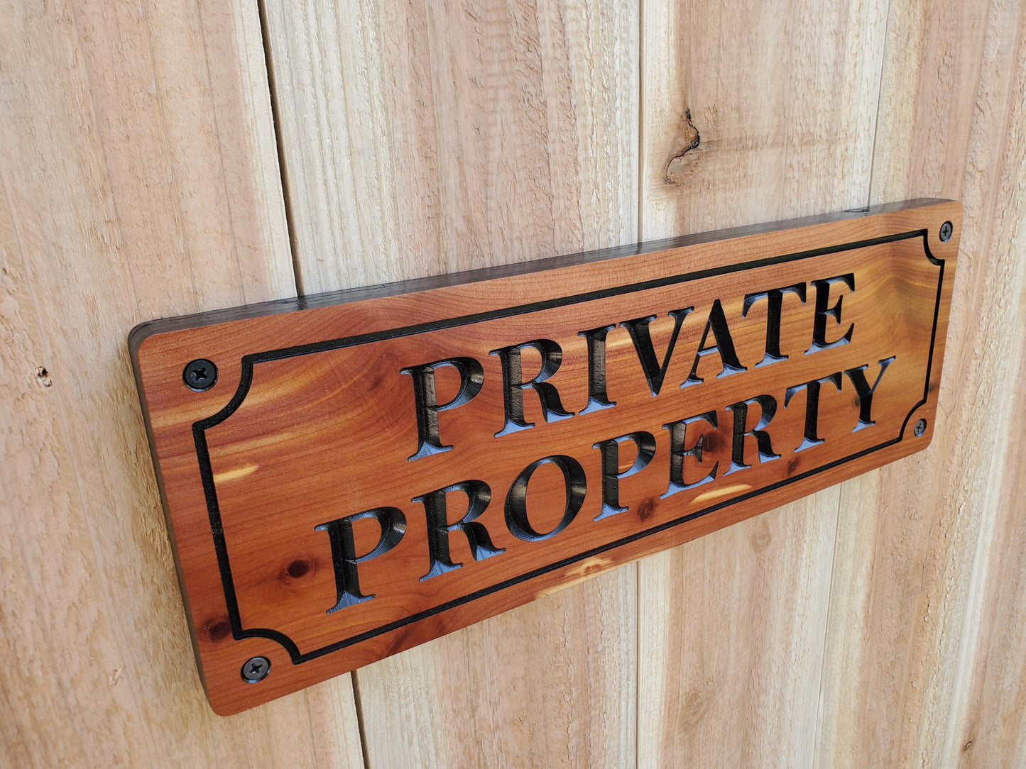 Private Property Carved Sign, CNC Land Sign Carving, Cedar or Cypress Outdoor Wood Plaque, Exterior Scalloped Easy Mount, Land Owner Sign