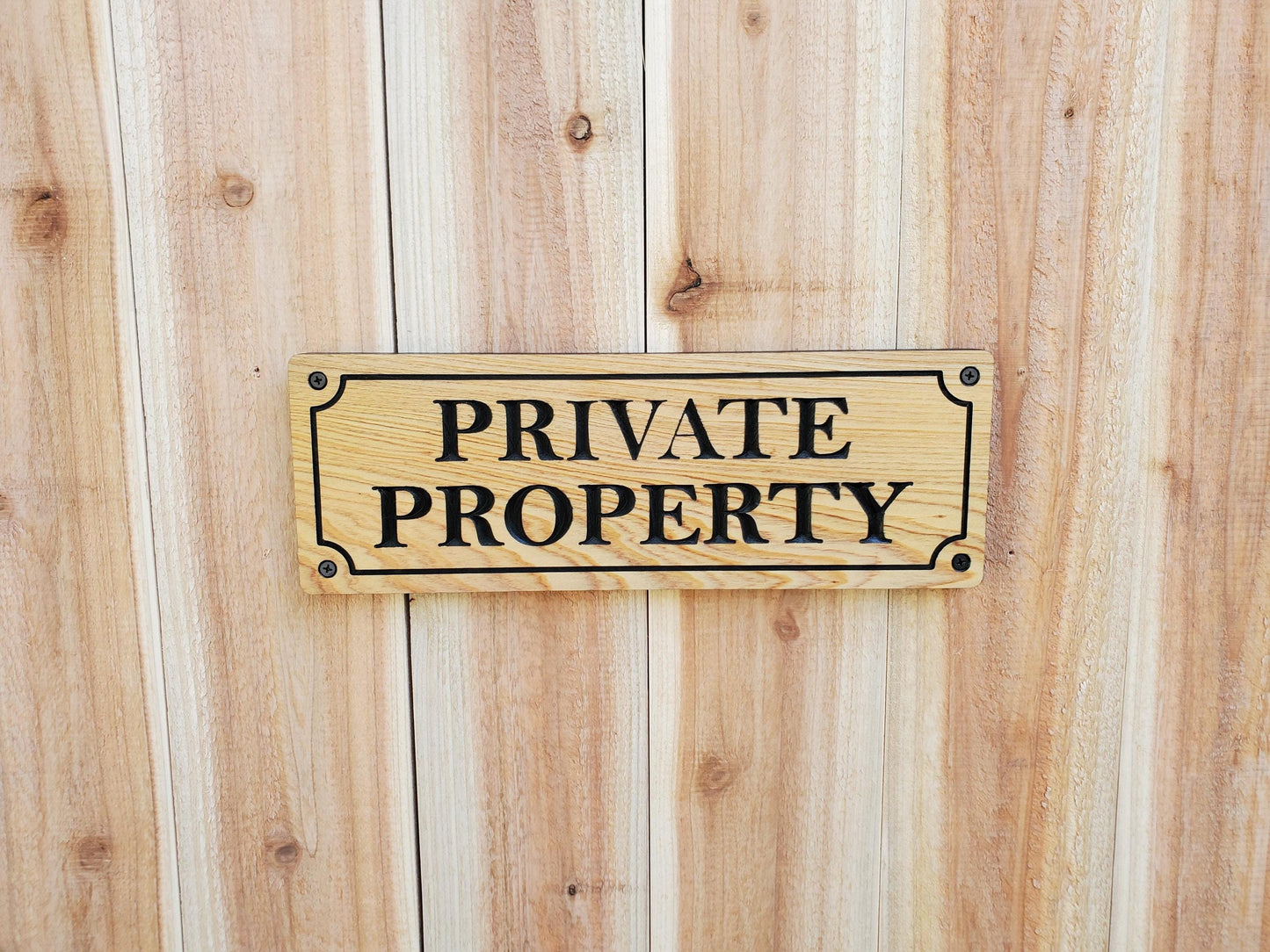 Private Property Carved Sign, CNC Land Sign Carving, Cedar or Cypress Outdoor Wood Plaque, Exterior Scalloped Easy Mount, Land Owner Sign