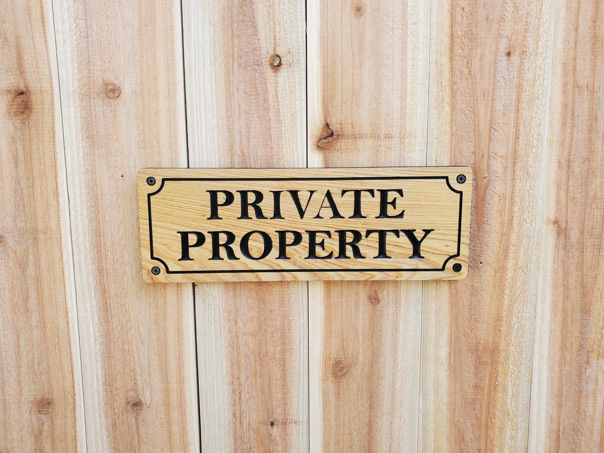 Private Property Carved Sign, CNC Land Sign Carving, Cedar or Cypress Outdoor Wood Plaque, Exterior Scalloped Easy Mount, Land Owner Sign