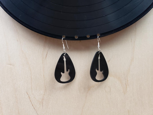 Rock Guitar Earrings Repurposed Vinyl Records, Rock N Roll Fashion Jewelry Made From Vintage Album, Teardrop Guitar Pick Shape, Reclaimed LP
