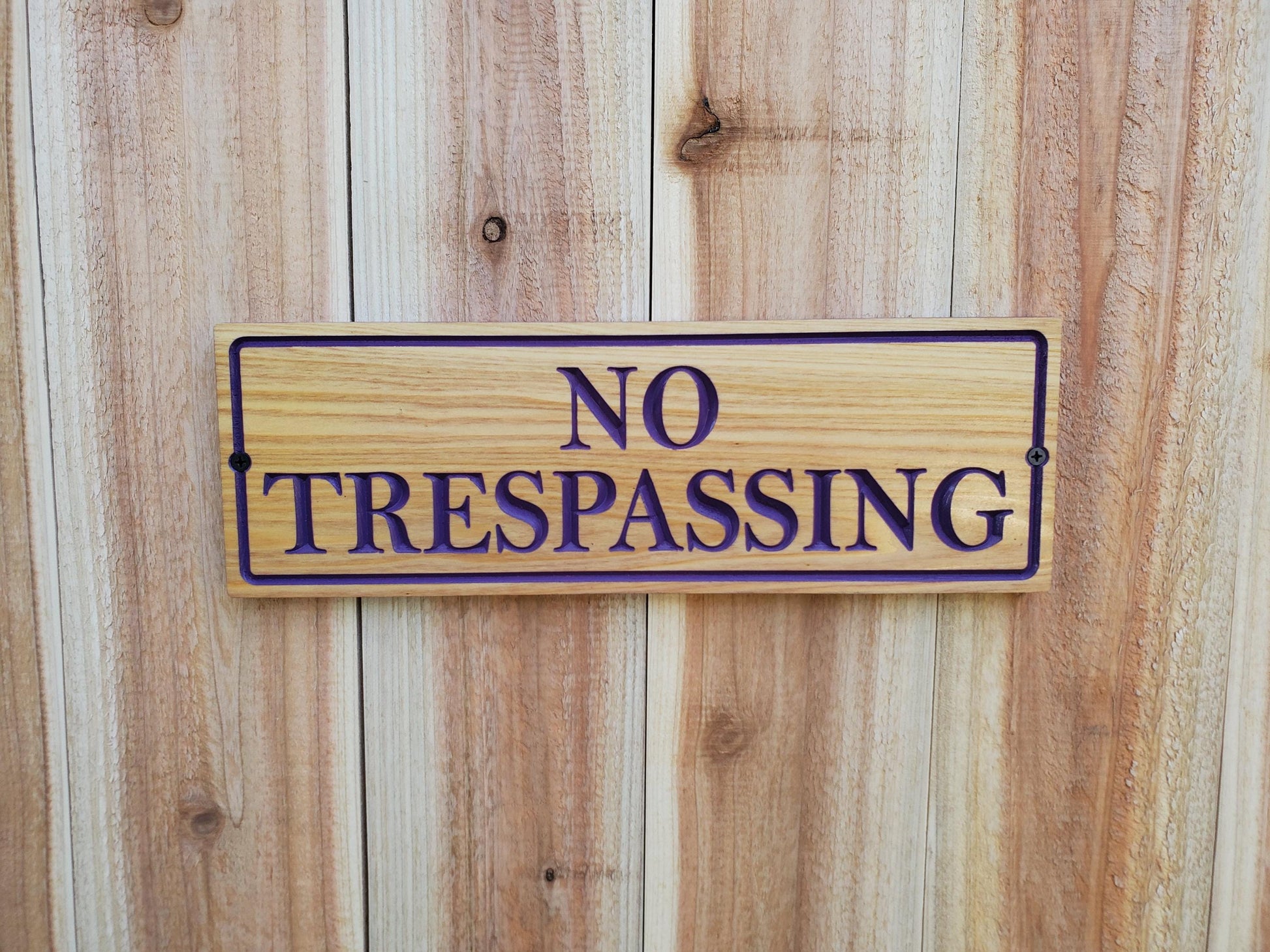 No Trespassing Wooden Sign, Purple Paint Hunters Posted Sign, Carved Cedar Outdoor Wood Plaque, Easy Mount Custom Carved Land Carving
