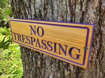 No Trespassing Wooden Sign, Purple Paint Hunters Posted Sign, Carved Cedar Outdoor Wood Plaque, Easy Mount Custom Carved Land Carving