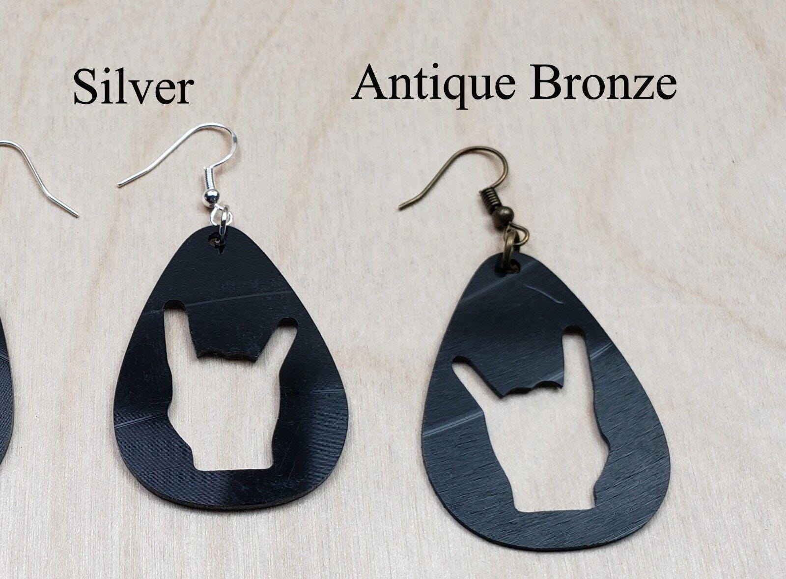 Rock N Roll Hand Horn Earrings Made From Upcycled Vinyl Records, Rock Salute Hands Sign Fashion Jewelry Sillouette, Metal Punk Classic Rock