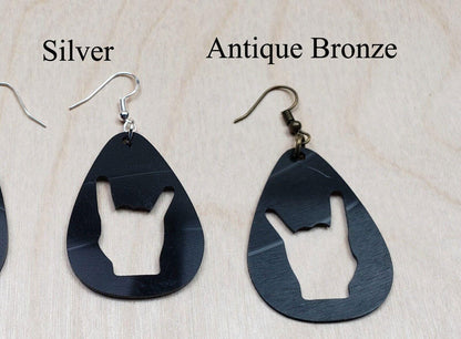Rock N Roll Hand Horn Earrings Made From Upcycled Vinyl Records, Rock Salute Hands Sign Fashion Jewelry Sillouette, Metal Punk Classic Rock