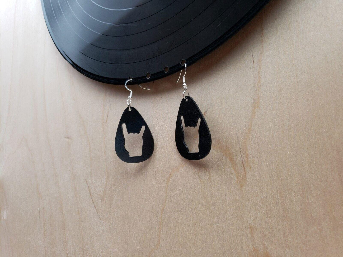 Rock N Roll Hand Horn Earrings Made From Upcycled Vinyl Records, Rock Salute Hands Sign Fashion Jewelry Sillouette, Metal Punk Classic Rock