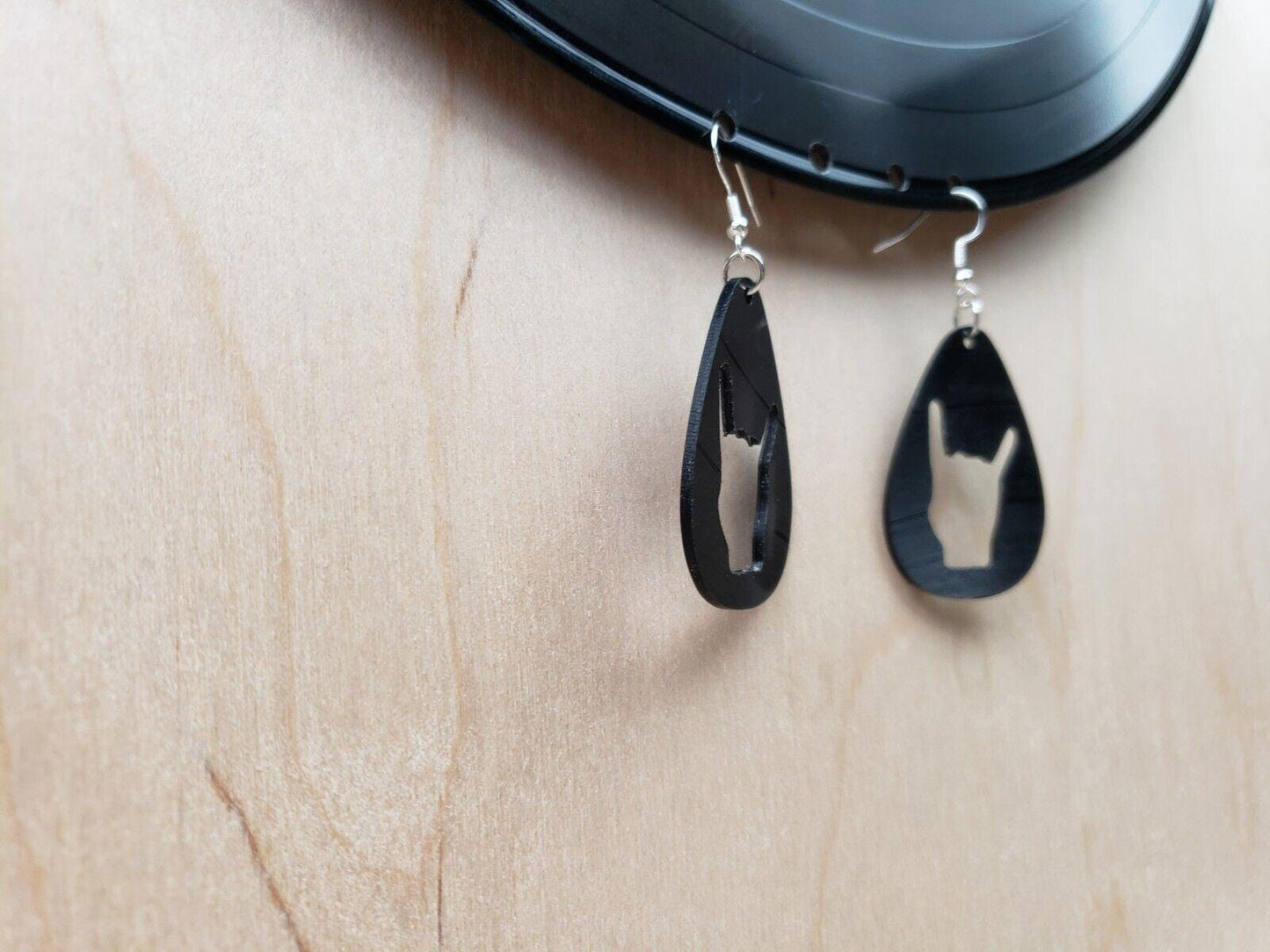 Rock N Roll Hand Horn Earrings Made From Upcycled Vinyl Records, Rock Salute Hands Sign Fashion Jewelry Sillouette, Metal Punk Classic Rock