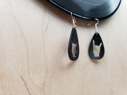 Rock N Roll Hand Horn Earrings Made From Upcycled Vinyl Records, Rock Salute Hands Sign Fashion Jewelry Sillouette, Metal Punk Classic Rock