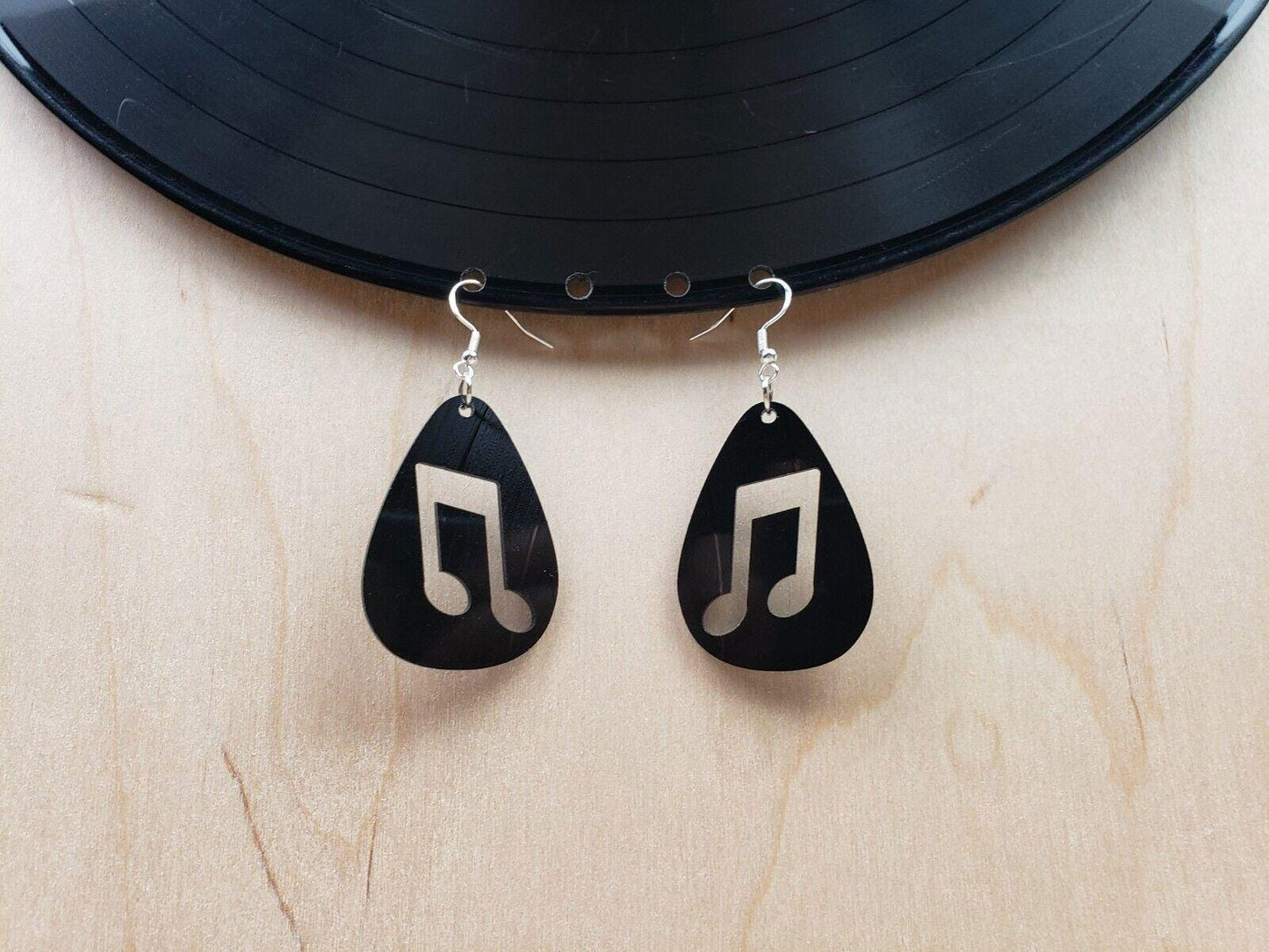 Music Note Repurposed Record Earrings, Made From LP Album, Rock And Roll Fashion Jewelry, Teardrop Guitar Pick Shape, Slanted Beam Note
