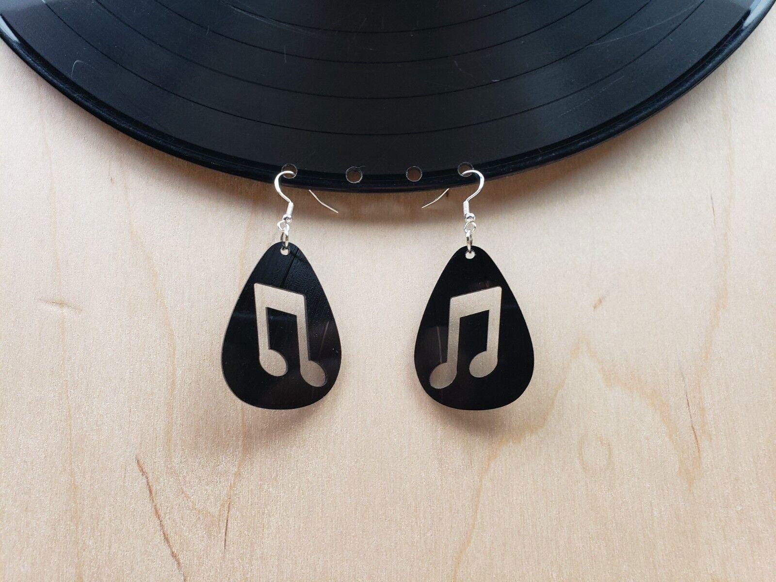 Music Note Repurposed Record Earrings, Made From LP Album, Rock And Roll Fashion Jewelry, Teardrop Guitar Pick Shape, Slanted Beam Note