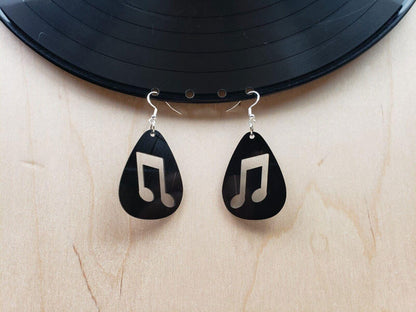 Music Note Repurposed Record Earrings, Made From LP Album, Rock And Roll Fashion Jewelry, Teardrop Guitar Pick Shape, Slanted Beam Note