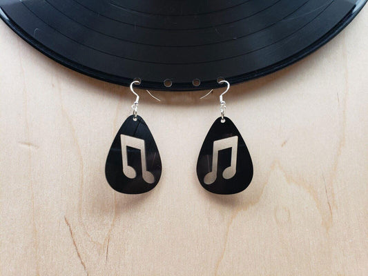 Music Note Repurposed Record Earrings, Made From LP Album, Rock And Roll Fashion Jewelry, Teardrop Guitar Pick Shape, Slanted Beam Note