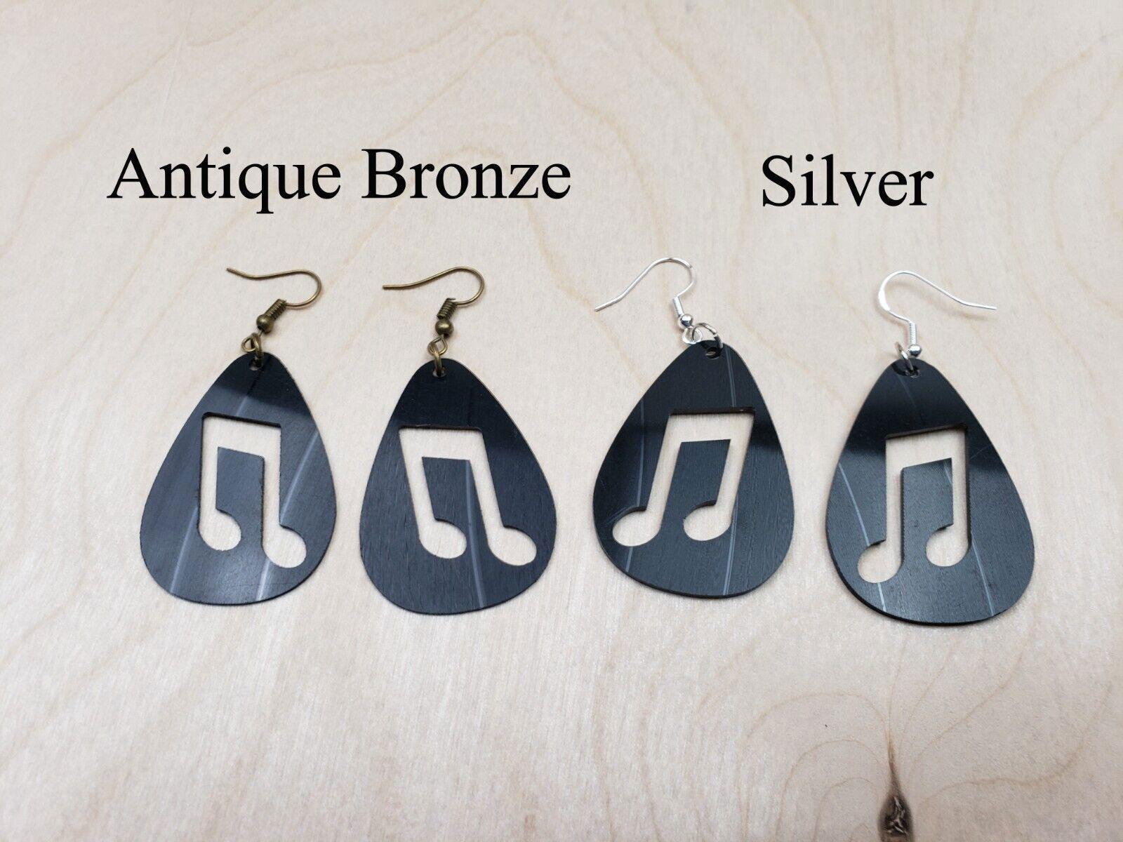 Music Note Repurposed Record Earrings, Made From LP Album, Rock And Roll Fashion Jewelry, Teardrop Guitar Pick Shape, Slanted Beam Note