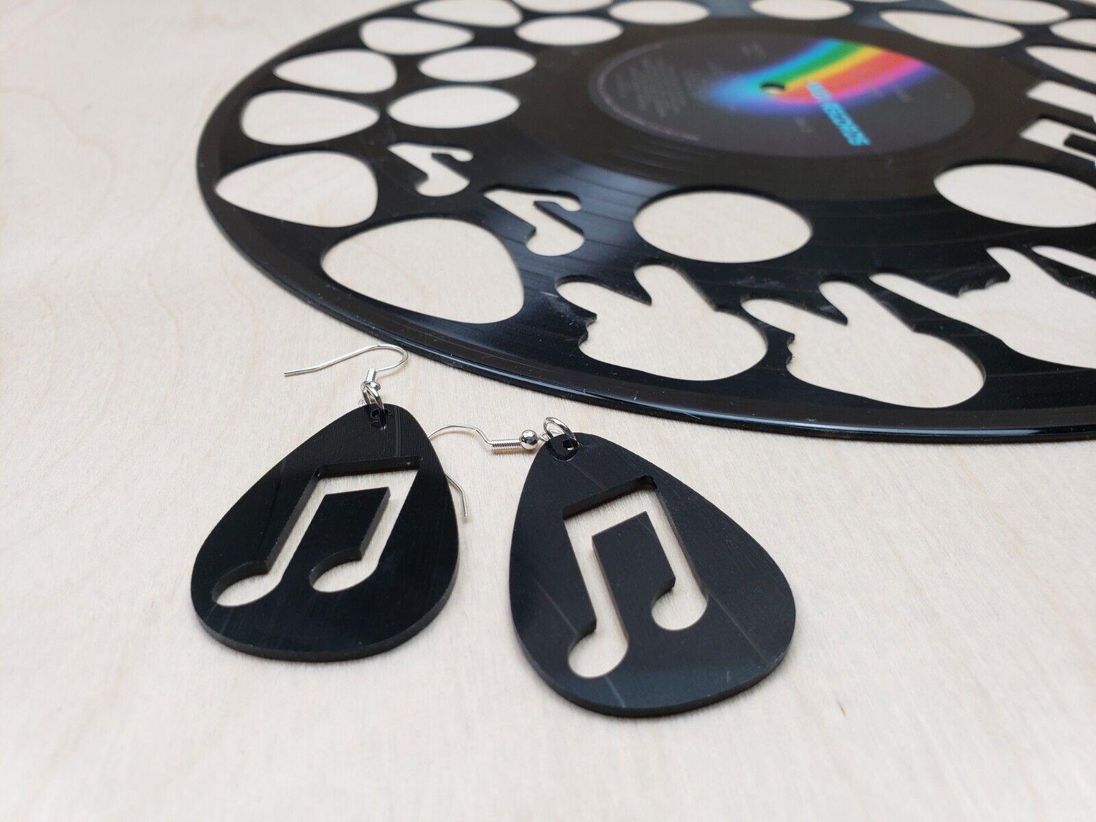 Music Note Repurposed Record Earrings, Made From LP Album, Rock And Roll Fashion Jewelry, Teardrop Guitar Pick Shape, Slanted Beam Note