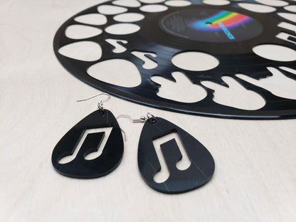 Music Note Repurposed Record Earrings, Made From LP Album, Rock And Roll Fashion Jewelry, Teardrop Guitar Pick Shape, Slanted Beam Note
