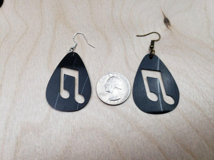 Music Note Repurposed Record Earrings, Made From LP Album, Rock And Roll Fashion Jewelry, Teardrop Guitar Pick Shape, Slanted Beam Note