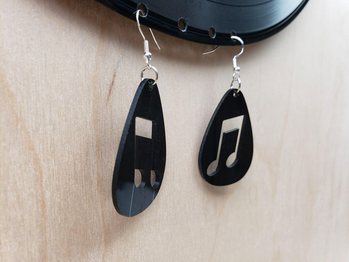 Music Note Repurposed Record Earrings, Made From LP Album, Rock And Roll Fashion Jewelry, Teardrop Guitar Pick Shape, Slanted Beam Note
