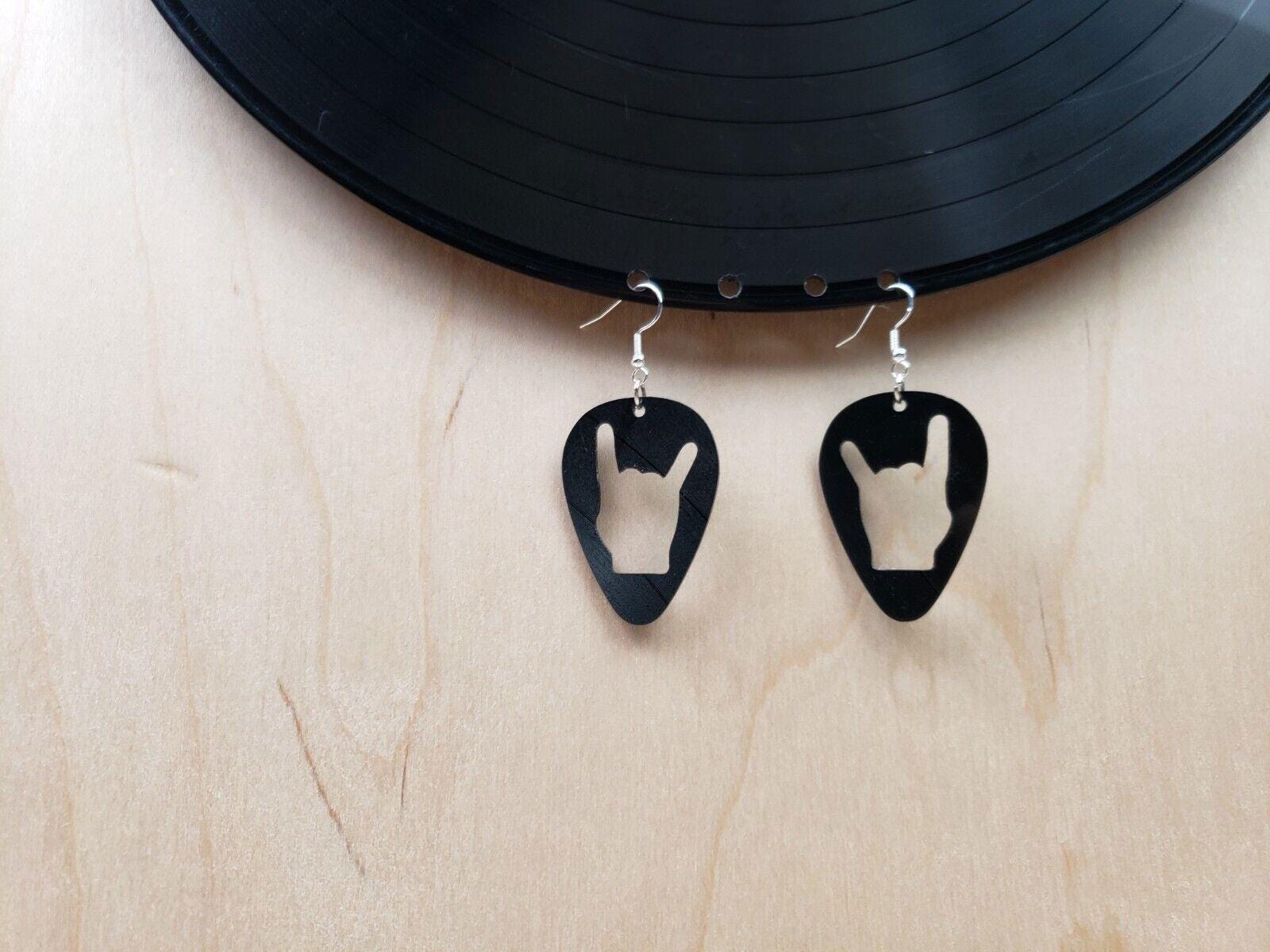 Rock N Roll Salute Earrings Made From Upcycled Vinyl Records, Devil Horn Hands Sign Fashion Jewelry Sillouette, Metal Punk Classic Rock