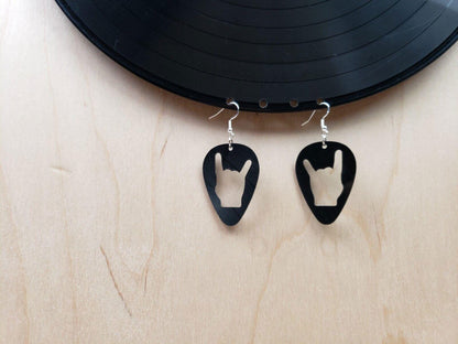 Rock N Roll Salute Earrings Made From Upcycled Vinyl Records, Devil Horn Hands Sign Fashion Jewelry Sillouette, Metal Punk Classic Rock