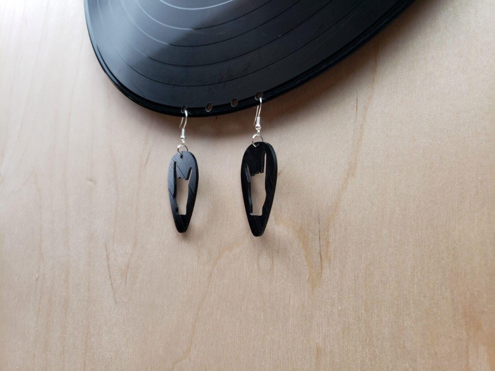 Rock N Roll Salute Earrings Made From Upcycled Vinyl Records, Devil Horn Hands Sign Fashion Jewelry Sillouette, Metal Punk Classic Rock